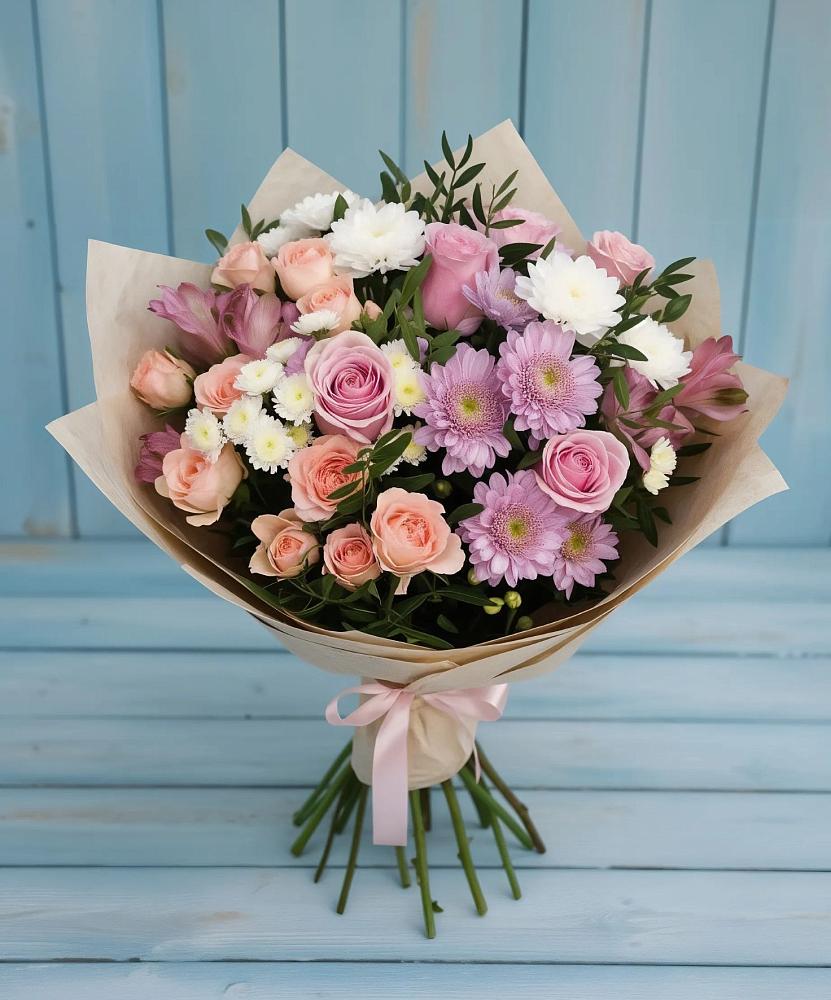 Букет цветов из: Хризантемы, Розы и Альстромерии в Нововаршавке