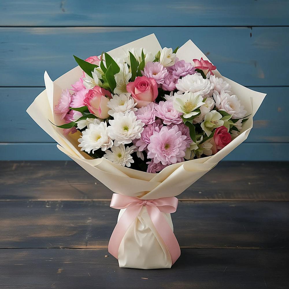 Букет цветов из: Хризантемы, Альстромерии и Розы в Нововаршавке